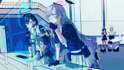 Rule 34 | 5girls, 8rilliance, aris (blue archive), asuna (blue archive), asuna (school uniform) (blue archive), black skirt, blonde hair, blue-framed eyewear, blue archive, blue bow, blue bowtie, blue cardigan, blue eyes, blue halo, blue necktie, blue scrunchie, bow, bowtie, breasts, cardigan, chihiro (blue archive), collared shirt, cowboy shot, floating headgear, full body, glasses, hair between eyes, hair ornament, hair over one eye, halo, headgear, highres, holographic monitor, indoors, jacket, large breasts, long hair, long hair between eyes, long sleeves, looking at viewer, miniskirt, multiple girls, necktie, official alternate costume, open mouth, parted lips, pleated skirt, purple eyes, purple hair, rectangular halo, school uniform, scrunchie, semi-rimless eyewear, shirt, shirt tucked in, short hair, skirt, sleeves rolled up, smile, thundergun (blue archive), two side up, under-rim eyewear, utaha (blue archive), very long hair, white shirt, white skirt, wrench, wrist scrunchie, yuuka (blue archive)