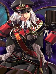 1girl aiguillette blonde_hair female_focus gloves hat lips lipstick long_hair lowres makeup military military_uniform original peaked_cap punpun red_eyes solo