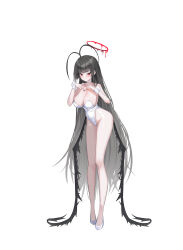 1girl alternate_costume bare_legs black_hair black_nails black_wings blue_archive blush breasts commentary fingernails four-finger_heart_hands full_body halo heart heart_hands highleg highleg_leotard highres huge_antenna_hair korean_commentary large_breasts legs leotard long_hair long_legs looking_at_viewer melting_halo nail_polish pale_skin playboy_bunny red_eyes red_halo seoly_ouo simple_background solo straight_hair strapless strapless_leotard sweatdrop tsurugi_(blue_archive) very_long_hair white_background white_leotard wings wrist_cuffs