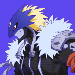 1boy beelzebumon black_jacket blonde_hair colored_skin demon_boy digimon digimon_(creature) digimon_focus digimon_tamers fang fur-trimmed_jacket fur_trim grey_skin highres jacket male_focus onion_maru polka_dot polka_dot_background purple_background red_eyes simple_background solo third_eye upper_body