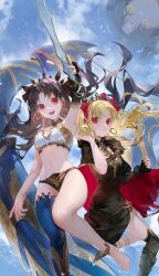 2girls bare_shoulders black_hair blonde_hair breasts cleavage daeraeband earrings ereshkigal_(fate) fate/grand_order fate_(series) heavenly_boat_maanna highres hoop_earrings ishtar_(fate) jewelry long_hair looking_at_viewer medium_breasts meslamtaea_(fate) multiple_girls navel neck_ring open_mouth parted_bangs red_eyes smile tiara two_side_up