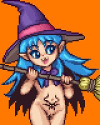 1girl black_hat blue_cape blue_eyes blue_hair bow bowtie broom cape fangs flat_chest halloween hat holding hudson_soft loli long_hair momotarou_densetsu naked_cape navel nude open_mouth orange_background pixel_art pointy_ears pubic_tattoo purple_bow purple_bowtie pussy saiwai_hiroshi smile standing stomach_tattoo tattoo stomach_tattoo witch witch_hat yashahime_(momotarou_densetsu)