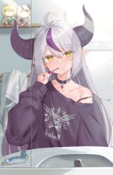 Rule 34 | 1girl, absurdres, ahoge, almico, alternate costume, bare shoulders, black choker, black horns, braid, braided bangs, character doll, choker, collarbone, doll, grey hair, highres, hololive, horns, kazama iroha, kazama iroha (1st costume), la+ darknesss, la+ darknesss (1st costume), long hair, long sleeves, mirror, multicolored hair, off-shoulder shirt, off shoulder, pointy ears, purple hair, reflection, shirt, solo, streaked hair, striped horns, toothbrush, toothbrush in mouth, toothpaste, towel, virtual youtuber, yellow eyes