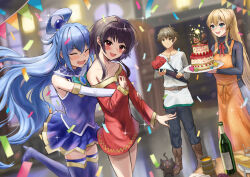 1boy 3girls :3 :d animal_ears apron aqua_(konosuba) aqua_bow aqua_bowtie bare_shoulders bat_ears belt birthday birthday_cake black_cat black_pants black_shirt blue_boots blue_eyes blue_hair blue_shirt blue_skirt blurry blurry_background blush boots bottle bouquet bow bowtie braid breasts brooch brown_belt brown_boots brown_hair bunting cake candle cat chomusuke cleavage commentary_request confetti cross-laced_clothes crown_braid cup darkness_(konosuba) door dress dutch_angle elbow_gloves fake_text film_grain fireworks floating_hair flower food fruit gloves green_eyes grey_skirt hair_between_eyes hair_over_shoulder hair_rings happy_birthday hat heart high_heel_boots high_heels highres holding holding_bouquet holding_cake holding_food holding_plate hug hug_from_behind indoors isome jewelry kono_subarashii_sekai_ni_shukufuku_wo! large_breasts layer_cake long_hair looking_at_another looking_at_viewer megumin mug multiple_girls off-shoulder_dress off_shoulder open_door open_mouth orange_apron pants plate pleated_skirt red_dress red_eyes red_flower red_rose revision rose satou_kazuma shirt short_dress short_hair short_hair_with_long_locks sidelocks single_hair_ring skirt sleeveless sleeveless_shirt small_breasts smile sparkle sparkler staff star_(symbol) strawberry strawberry_shortcake table thigh_boots thighhighs thighhighs_under_boots tunic turtleneck very_long_hair very_long_sleeves white_gloves white_shirt white_thighhighs window wine_bottle witch_hat yellow_eyes