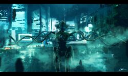 blue_eyes building city deoxys g_(xkhkxx) gen_3_pokemon glowing glowing_eyes highres letterboxed looking_at_viewer mythical_pokemon night nintendo no_humans outdoors pokemon pokemon_(creature) rain skyscraper
