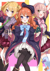 3girls absurdres ahoge averting_eyes beret black_choker black_headwear black_thighhighs blonde_hair blouse blue_bow blue_bowtie blue_thighhighs blush bow bowtie chieru_(princess_connect!) chloe_(princess_connect!) choker coat elf green_necktie hair_between_eyes hair_tie hat highres isocha large_bow long_hair medium_hair multiple_girls necktie one_eye_closed open_clothes open_mouth orange_eyes orange_hair pink_bow pink_bowtie pink_hair plaid_clothes plaid_skirt pointy_ears princess_connect! purple_coat purple_eyes purple_shirt school_uniform shirt short_hair sidelocks simple_background skirt st._theresa&#039;s_girls_academy_school_uniform thighhighs yuni_(princess_connect!)