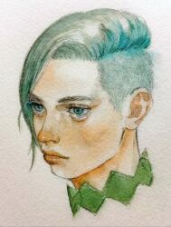 Rule 34 | 1boy, blue hair, commentary, commentary request, diamond wa kudakenai, eyelashes, green eyes, green headband, headband, highres, jojo no kimyou na bouken, kishibe rohan, lips, male focus, painting (medium), portrait, solo, traditional media, umasandaa, undercut, watercolor (medium)