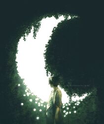 1boy black_hair coat crescent from_side glowing highres leaf looking_away male_focus original pants plant rido_(ridograph) shirt short_hair solo standing watermark web_address white_coat white_pants white_shirt