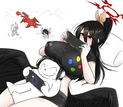 1boy 1girl black_hair black_shirt black_shorts black_wings blue_archive blush breast_rest breasts breasts_on_head cheng_anderson doodle_sensei_(blue_archive) dragon feathered_wings game_controller_print hair_between_eyes halo handheld_game_console hasumi_(blue_archive) highres holding holding_handheld_game_console huge_breasts long_hair long_hair_between_eyes low_wings lying playing_games ponytail red_eyes red_halo sensei_(blue_archive) shirt shorts sitting sitting_on_person very_long_hair wings