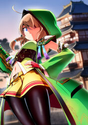 1girl absurdres ahoge arched_back armpits black_pantyhose braid braided_sidelock brown_hair castle closed_mouth cloud coat coat_pouch cowboy_shot detached_sleeves evening eyepatch fingerless_gloves flat_chest from_side gloves green_coat green_eyes green_hood green_kimono gun hahe hair_over_one_eye hand_on_own_hip highres holding holding_gun holding_weapon hood hood_up japanese_clothes kimono looking_at_viewer navel neck_ribbon obi outdoors pantyhose ribbon sash sengoku_otome short_hair skirt sky solo standing weapon yamamoto_kansuke_(sengoku_otome) yellow_skirt