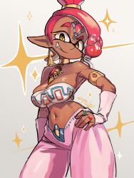 Rule 34 | 1girl, alternate hair color, armlet, armpits, bandeau, bare shoulders, breasts, cleavage, cosplay, cowboy shot, dark-skinned female, dark skin, detached sleeves, frye (splatoon), gerudo, grey background, hand on own hip, highres, jewelry, laz gm, looking at viewer, medium breasts, midriff, nabooru, nabooru (cosplay), navel, nintendo, pants, parted lips, pink pants, pointy ears, red hair, ring, sideboob, smile, solo, sparkle, splatoon (series), splatoon 3, the legend of zelda, twitter username, yellow eyes