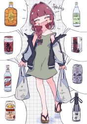 :d absurdres alcohol alcohol_carton aomoringo asahi_breweries bag blush bocchi_the_rock! bottle braid closed_eyes dress earrings emphasis_lines english_text fang geta green_dress grid_background hair_over_shoulder happy highres hiroi_kikuri holding holding_bag jacket jewelry multicolored_jacket open_clothes open_jacket open_mouth purple_hair sake sake_bottle shopping_bag single_braid skin_fang smile speech_bubble two-tone_jacket