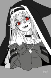 Rule 34 | 1girl, :d, absurdres, arknights, bww (user ymyg3237), commentary, cropped torso, diamond-shaped pupils, diamond (shape), evil smile, grey background, greyscale, hair between eyes, hand up, headscarf, highres, jewelry, long hair, long sleeves, looking at viewer, monochrome, open mouth, pendant, red eyes, signature, simple background, smile, solo, specter (arknights), spot color, symbol-only commentary, symbol-shaped pupils, turtleneck