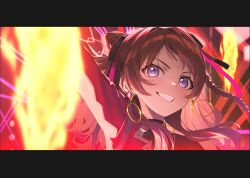 Rule 34 | 1girl, blush, braid, earrings, fighting my way (idolmaster), fire, gakuen idolmaster, hair bun, hair ribbon, hanami saki, highres, hoop earrings, idolmaster, jewelry, letterboxed, long hair, long sleeves, looking at viewer, nyum, purple eyes, red hair, ribbon, signature, solo, sweat, teeth, two side up