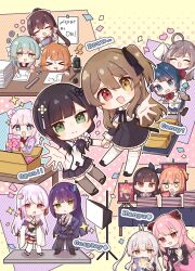 &gt;_&lt; +_+ 6+girls :3 :d =_= @_@ ^_^ ahoge aizawa_kazuha amamiya_sophia_seren amano_soraha animal_print aqua_hair arm_strap arms_up assault_lily bag belt black_belt black_capelet black_footwear black_gloves black_hair black_necktie black_pantyhose black_ribbon black_skirt black_thighhighs blood blood_from_mouth blue_background blue_bow blue_eyes blue_hair blue_hairband blue_jacket blue_skirt blush boots bow bow_hairband bowl bowtie box braid brown_bow brown_eyes brown_footwear brown_hair brown_sailor_collar butterfly_hair_ornament can capelet cardboard_box cart chibi closed_eyes closed_mouth collared_shirt commentary_request confetti convention criss-cross_halter cropped_jacket detached_collar detached_sleeves double_bun drawing_(action) drink_can drinking_straw egawa_kusumi endou_araya eraser exhausted flower flower_knot flower_symbol funada_kiito funada_ui futagawa_fumi gloves green_eyes grey_hair grey_thighhighs hair_between_eyes hair_bow hair_bun hair_ornament hair_ribbon hair_scrunchie hairband hairpods half_updo halftone halftone_background halterneck hand_on_table hand_truck hands_up head_on_table head_rest heart heel_up herensuge_girls_academy_school_uniform heterochromia high-waist_skirt high_ponytail highres holding holding_hands holding_manga holding_pen holding_tray hood hood_down hooded_jacket inkwell jacket japanese_clothes juliet_sleeves kanba_girls_high_school_uniform kimono kimono_skirt kuo_shenlin kuroki_francisca_yuria lightning_bolt_symbol long_hair long_sleeves looking_at_another looking_at_object low_ponytail ludvico_private_girls&#039;_academy_school_uniform manga_(object) medium_hair miniskirt monster_energy multicolored_hair multicolored_jacket multiple_girls neck_ribbon necktie notice_lines o_o one_side_up open_box open_clothes open_jacket open_mouth orange_background orange_hair outline outstretched_arm pantyhose paper_stack parted_lips partially_fingerless_gloves pen pencil pink_background pink_bow pink_bowtie pink_eyes pink_flower pink_hair pink_jacket pleated_skirt ponytail print_thighhighs puffy_sleeves purple_background rabbit_print reaching reaching_towards_viewer red_bow red_bowtie red_eyes red_ribbon ribbon ruler running sadamori_himeka sailor_collar sasaki_ran school_uniform scrunchie serafuku serizawa_chikaru shirt shoes shopping_bag short_hair short_kimono siblings side_braid side_ponytail sidelocks single_braid sisters skirt sleeves_past_wrists smile sparkle standing streaked_hair striped_background sweatdrop table tanba_akari tassel tassel_hair_ornament thighband_pantyhose thighhighs toki_kureha translation_request tray v-shaped_eyebrows wang_yujia wavy_mouth white_footwear white_jacket white_kimono white_outline white_ribbon white_shirt white_thighhighs wide_sleeves yellow_background yellow_eyes yubari_lemon_(lemonlilie) yurigaoka_girls_academy_school_uniform zettai_ryouiki