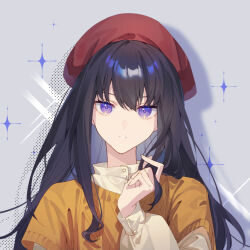 Rule 34 | alternate costume, aran sweater, beret, black hair, blue background, brown shirt, brown sweater, cable knit, casual, dated commentary, expressionless, hand up, hat, inoue takina, layered sleeves, long hair, long sleeves, looking at viewer, lycoris recoil, parted lips, playing with own hair, purple eyes, red hat, shadow, shirt, short over long sleeves, short sleeves, sparkle, straight-on, straight hair, sweater, upper body, walluka