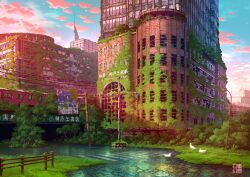 abandoned animal arrow_(symbol) bird blue_sky broken_window building cloud crosswalk dilapidated flood grass highres lamppost no_humans original outdoors overgrown post-apocalypse power_lines rust scenery sign sky sunset tokyogenso train