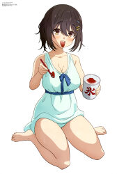 Rule 34 | 1girl, absurdres, aquastar inc., armpit crease, bare arms, bare legs, bare shoulders, barefoot, blue sash, breasts, brown eyes, brown hair, cleavage, collarbone, colored tongue, copyright name, copyright notice, cup, dress swimsuit, food, full body, hair between eyes, hair ornament, hairclip, hairpin, hibi wa sugiredo meshi umashi, highres, holding, holding cup, holding spoon, kawai mako, large breasts, light blush, looking at viewer, magazine scan, medium hair, megami magazine, official art, open mouth, ponytail, red tongue, sash, scan, shade, shaved ice, sidelocks, simple background, sitting, solo, spoon, swimsuit, teeth, thighs, tongue, tongue out, upper teeth only, waist sash, wariza, wet, white background