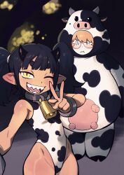:d animal_costume animal_print bare_hips bell black_hair black_horns blue_eyes colo_(nagrolaz) cow_costume cow_print cow_print_leotard cowbell cuffs demon_girl freckles highres horns leotard mephia one_eye_closed open_mouth orange_hair pointy_ears pout red-framed_eyewear rita_(sweethex) shackles sharp_teeth short_eyebrows side_ponytail smile sweethex teeth thong_leotard v yellow_eyes