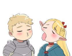 1boy 1girl anthopod_01 armor blonde_hair closed_eyes dungeon_meshi hasn&#039;t_kissed_anyone_ever_vs_expecting_a_kiss_with_tongue_(meme) hetero highres imminent_kiss laios_touden marcille_donato meme o3o pointy_ears simple_background tongue tongue_out upper_body white_background