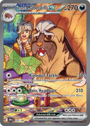 1boy akase_yuriko artist_name arven_(pokemon) brown_hair card_(medium) character_name collared_shirt company_name copyright_name copyright_notice crumbs dog eating english_text eyelashes food food_on_face green_eyes grey_shirt hair_over_one_eye holding holding_food holding_map holding_sandwich lantern mabosstiff map maschiff medium_hair multicolored_hair mustard_bottle necktie nintendo official_art open_clothes open_mouth open_vest pants plate pokemon pokemon_(creature) pokemon_card pokemon_sv pokemon_tcg purple_necktie purple_pants sandwich school_uniform sharp_teeth shirt sitting smile stalagmite teeth third-party_source trading_card two-tone_hair upper_teeth_only uva_academy_school_uniform vest yellow_vest