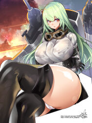 1girl :o aircraft airplane armband arms_under_breasts ass autocannon banshee_(last_origin) black_armband black_boots black_gloves black_skirt boots breasts cameltoe cannon crossed_arms fire gloves goggles green_hair hair_between_eyes highres huge_breasts island last_origin light_particles long_hair looking_at_viewer miniskirt ocean open_mouth panties parted_lips pixiv_id pixiv_username red_eyes shiny_skin signature sitting skirt sky smoke solo star_(sky) starry_sky thick_thighs thigh_boots thighs twitter_username umigarasu_(kitsune1963) underwear white_panties