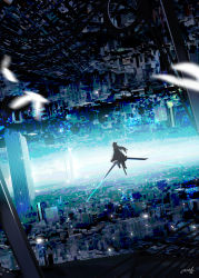absurdres amatsuki_rei bird building fantasy floating from_behind highres horizon huge_filesize long_hair original scenery science_fiction signature sky tagme white_hair