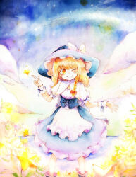Rule 34 | 1girl, adapted costume, apron, blonde hair, blush, bow, braid, closed mouth, commentary request, hair bow, hat, hat bow, highres, kirisame marisa, long hair, looking at viewer, one eye closed, shiro tsugumi, short sleeves, side braid, single braid, smile, solo, star (symbol), touhou, traditional media, waist apron, white apron, white bow, witch hat, wrist cuffs, yellow eyes