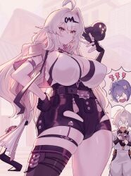 1boy 2girls asymmetrical_gloves belle_(zenless_zone_zero) black_shorts blue_hair camera fingerless_gloves gloves grey_hair high-waist_shorts highres holding holding_camera long_hair multiple_girls shirogami_seisho shorts single_hair_intake skindentation thick_thighs thighs trembling uneven_gloves vest white_hair wise_(zenless_zone_zero) yellow_eyes yellow_vest yi_xuan_(zenless_zone_zero) yin_yang_pin zenless_zone_zero