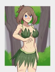 1girl alternate_breast_size angry arm_at_side armpits artist_request bikini blue_eyes blush bodypaint breasts brown_hair cleavage clenched_hand closed_mouth collarbone day fang female_focus grass_skirt hair_bun hand_up highres jungle leaf_bikini legs looking_at_viewer may_(pokemon) medium_breasts medium_hair midriff nature navel neck nintendo no_panties odamaki_sapphire outdoors pokemon pokemon_adventures revealing_clothes sideboob sidelocks standing swept_bangs thighs tsundere v-shaped_eyebrows