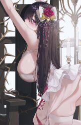 1girl absurdres arms_up black_hair blush bow breasts candle candlestand chair che_(komulkomul48) commentary_request dress flower from_behind goddess_of_victory:_nikke hair_between_eyes hair_bow hair_ornament highres kneeling large_breasts long_hair looking_at_viewer mihara_(bonding_chain)_(nikke) mihara_(bonding_chain)_(pain_eater)_(nikke) mihara_(nikke) official_alternate_costume purple_flower purple_hair purple_rose rose sideboob simple_background solo sweat thighhighs thighs thorns very_long_hair white_background white_bow white_dress white_thighhighs wooden_chair