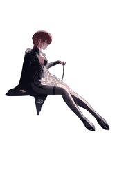 Rule 34 | 1girl, ai-generated art (topic), alaniz (lafertealanis), black cloak, black dress, breasts, chain, chainsaw man, chronopattern dress, cloak, dress, highres, makima (chainsaw man), medium breasts, meme attire, red hair, simple background, solo, white background