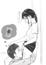 1boy 1girl assertive_female bad_anatomy beverage_can blush breasts breath clothes_lift collared_shirt commentary cunnilingus eye_contact from_side greyscale hand_on_another&#039;s_head heavy_breathing hetero highres light_smile looking_at_another looking_down looking_up medium_hair monochrome oral original ponytail profile saliva shimokori shirt skirt skirt_lift sleeves_rolled_up small_breasts speech_bubble standing standing_cunnilingus thought_bubble translated watch wristwatch
