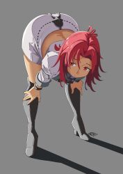 1girl artist_logo automatic_giraffe bent_over black_thighhighs closed_mouth crop_top fire_emblem garreg_mach_monastery_uniform grey_background hands_on_own_legs hapi_(fire_emblem) high_heels highres jacket logo midriff nintendo red_eyes red_hair ribbon-trimmed_skirt ribbon_trim shadow skirt solo standing thighhighs thighs white_jacket white_skirt