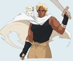 Rule 34 | 1boy, :3, bandaged hand, bandages, beard stubble, blonde hair, cape, chiikawa, closed mouth, dark-skinned male, dark skin, facial hair, furry and humanization, humanization, jitome, karina farek, male focus, rakko (chiikawa), scar, shirt, simple background, sleeveless, sleeveless shirt, stubble, sword, very dark skin, weapon