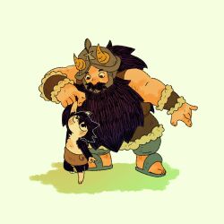 1boy 1girl animated animated_gif beard black_hair blush_stickers brown_hair cat_girl cutystuffy dancing dungeon_meshi dwarf empty_eyes facial_hair fake_horns full_body helmet horned_helmet horns izutsumi leaning_forward long_beard mustache sanpaku senshi_(dungeon_meshi) size_difference standing thick_mustache very_long_beard
