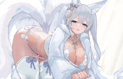 Rule 34 | 1girl, absurdres, all fours, animal ear fluff, animal ears, azur lane, blue eyes, bow, breasts, choker, cleavage, cropped jacket, curtains, fox ears, fox tail, fur-trimmed jacket, fur trim, hair bow, highres, huge breasts, jacket, long hair, long sleeves, looking at viewer, multiple tails, open mouth, panties, shinano (azur lane), side-tie panties, solo, suo bu ye feng, tail, thick thighs, thighhighs, thighs, twintails, underwear, very long hair, white choker, white hair, white jacket, white panties, white thighhighs