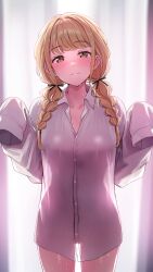 Rule 34 | 1girl, blonde hair, blurry, blurry background, blush, braid, closed mouth, collared shirt, commentary request, fujita kotone, gakuen idolmaster, hands up, highres, idolmaster, long hair, looking at viewer, low twin braids, no pants, oversized clothes, oversized shirt, see-through silhouette, shiitake taishi, shirt, sleeves past fingers, sleeves past wrists, smile, solo, sweat, thighs, twin braids, white shirt, yellow eyes