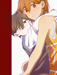 2boys antenna_hair arms_around_neck bailan1130 bare_arms bare_shoulders black_eyes black_hair black_sweater_vest bright_pupils brown_hair closed_mouth double-parted_bangs frown hair_behind_ear hair_between_eyes hashtag-only_commentary heterochromia highres hug kel_(faraway)_(omori) kel_(omori) looking_at_viewer male_focus multiple_boys no_sclera omori orange_shirt pale_skin shirt short_hair short_sleeves sideways_glance simple_background sleeveless sleeveless_shirt sunny_(omori) sweater_vest upper_body very_short_hair white_background white_eyes white_pupils white_shirt white_trim yaoi