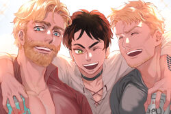 3boys :d arm_on_another&#039;s_shoulder backlighting beard beer_can black_choker blonde_hair boy_sandwich brothers can choker commentary_request drink_can earrings eren_yeager facial_hair glasses goatee_stubble green_eyes half-siblings happy holding holding_can jewelry male_focus mature_male multiple_boys one_eye_closed open_mouth pectoral_cleavage pectorals reiner_braun sandwiched shiba44469 shingeki_no_kyojin shirt short_hair siblings smile stubble t-shirt thick_eyebrows upper_body zeke_yeager
