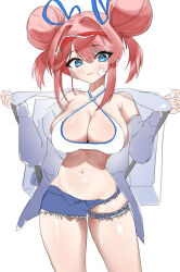 1girl :3 armpit_crease azur_lane blue_eyes blush breasts cleavage criss-cross_halter crop_top denim denim_shorts double_bun fumei_(pagamya) gallant_(azur_lane) gallant_(express-ive_delivery)_(azur_lane) hair_between_eyes hair_bun hair_intakes halterneck highres large_breasts navel official_alternate_costume pink_hair shorts simple_background solo stomach swept_bangs visor_cap white_background
