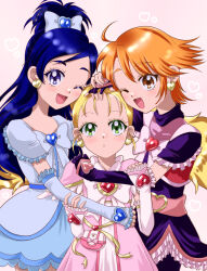 3girls :o anime_coloring arm_around_neck arm_around_waist belt belt_buckle black_arm_warmers black_dress black_gloves black_hair black_shorts blonde_hair blue_brooch bow bowtie brooch brown_eyes brown_hair buckle commentary_request cowboy_shot cure_black cure_white dot_nose dress earrings expressionless eyelashes fingerless_gloves forehead frilled_arm_warmers frilled_dress frilled_sleeves frills futari_wa_precure futari_wa_precure_max_heart gloves gold_buckle gold_earrings green_eyes group_hug hair_bow hair_ornament hand_on_another&#039;s_hand hand_on_another&#039;s_head happy heart heart-shaped_buckle heart_brooch heart_earrings heart_hair_ornament high_ponytail highres holding_another&#039;s_arm hug jewelry kujou_hikari light_blush long_dress long_hair looking_at_viewer magical_girl misumi_nagisa multiple_girls ofutonnnineko one_eye_closed open_mouth parted_lips pink_arm_warmers pink_background pink_bag pink_belt pink_bow pink_bowtie pink_dress ponytail precure red_brooch ribbon shiny_luminous short_dress short_hair short_ponytail short_sleeves shorts shorts_under_skirt side_slit smile swept_bangs turtleneck turtleneck_dress twintails very_long_hair waist_ribbon white_arm_warmers white_bow white_bowtie white_dress yellow_ribbon yukishiro_honoka