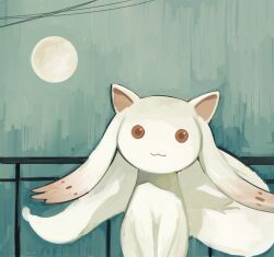 aqua_background cityscape creature fog full_moon highres kornod kyubey looking_at_viewer mahou_shoujo_madoka_magica moon night night_sky no_humans railing sky