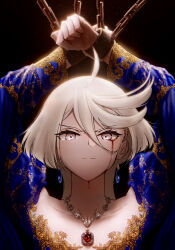 1girl absurdres ahoge arms_up black_background blood bloody_tears blue_dress chained_wrists closed_mouth collarbone commentary dress earrings english_commentary grey_eyes gundam gundam_suisei_no_majo highres himmel_(keine_haare) jewelry light_particles long_hair miorine_rembran necklace red_brooch upper_body white_hair