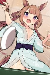 1girl akizuki_shigure alternate_costume animal_ears ball braid brown_hair collarbone commentary_request flat_chest highres holding holding_table_tennis_paddle horse_ears horse_girl horse_tail japanese_clothes kimono long_hair open_mouth paddle purple_eyes solo sweat sweep_tosho_(umamusume) table_tennis table_tennis_ball table_tennis_paddle tail thighs twintails umamusume yukata