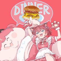 2girls ^_^ ahoge akami_karubi animal_ears animal_hands apron blue_eyes blush bow bowtie buranka burger closed_eyes collar crazy_raccoon fangs fat fat_woman food gloves hair_bow heart highres multiple_girls obese open_mouth paw_gloves red_background red_bow red_bowtie red_hair short_sleeves smile virtual_youtuber waist_apron