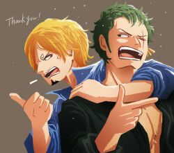 Rule 34 | 2boys, blonde hair, blue shirt, brown background, cigarette, commentary request, curly eyebrows, doccoi, earrings, facial hair, goatee, green hair, hair over one eye, highres, jewelry, male focus, multiple boys, mustache, one eye closed, one piece, open mouth, roronoa zoro, sanji (one piece), scar, scar across eye, scar on face, shirt, stitched torso, stitches, sweatdrop, thank you, upper body, v-shaped eyebrows
