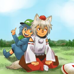 Rule 34 | 2girls, animal ears, back-to-back, backpack, bag, blue boots, blue eyes, blue hair, blue shirt, blue skirt, blue sky, boots, closed mouth, commentary request, day, detached sleeves, field, full body, grass, green bag, green hat, grey hair, hair bobbles, hair ornament, hat, inubashiri momiji, kawashiro nitori, looking afar, multiple girls, newsboy cap, no shoes, onikobe rin, open mouth, outdoors, pom pom (clothes), raised eyebrow, red eyes, red hat, red skirt, ribbon-trimmed sleeves, ribbon trim, rubber boots, shield, shirt, short hair, sitting, skirt, skirt set, sky, sleeveless, sleeveless shirt, smile, tabi, tail, tokin hat, touhou, two-tone skirt, two side up, white shirt, white sleeves, wolf ears, wolf girl, wolf tail