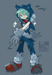 1girl animal_ears blue_eyes blue_hair claws cosplay fake_animal_ears fake_tail fang gloves hatsune_miku hatsune_miku_(sonic_style) highres hood hood_up hoodie koasku pants project_diva_(series) recursive_cosplay shoes smile solo sonic_(series) sonic_the_hedgehog sonic_the_werehog sonic_the_werehog_(cosplay) sonic_unleashed sparkle spiked_shoes spikes tail torn_clothes torn_pants v vocaloid