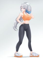 1girl absurdres black_pants bow bra breasts curvy full_body gradient_background grey_hair hair_bow hand_on_own_hip highres higuchi_kaede large_breasts long_hair looking_to_the_side midriff navel nijisanji orange_bra osyake_illust pants ponytail purple_eyes shoes simple_background sneakers solo sports_bra sports_drink sportswear standing swept_bangs underwear very_long_hair virtual_youtuber white_background white_bow white_shoes yoga_pants
